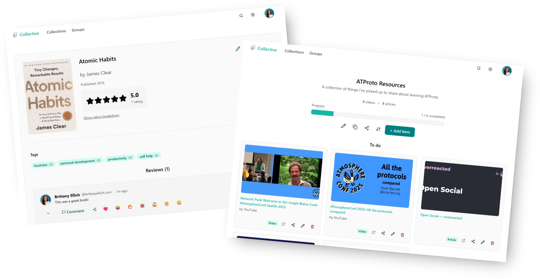 Collective Social app interface showing collections and media tracking